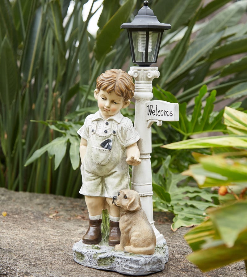 Floryden Solar Boy Statue Welcome Sign Garden Statues for Garden Decor, Porch, Lawn, Yard Art Decorations, Resin 23.2H inch - Image 4